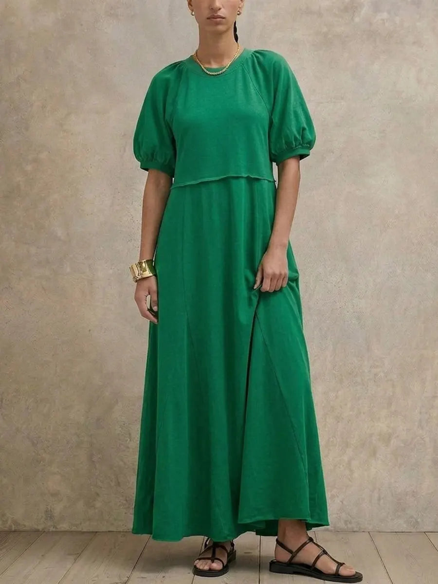 Vestido midi maxi de manga corta con corte relajado y mangas raglán, vestido casual de verano con vuelo y corte en A de color liso.