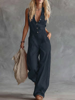 Women's Solid Color Shirt Collar Sleeveless Casual Loose Cotton And Linen Wide-leg Jumpsuit