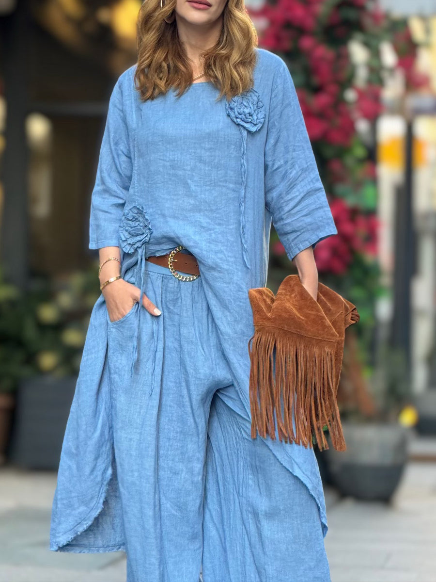 Conjunto informal de dos piezas de top largo y pantalón de lino y algodón.