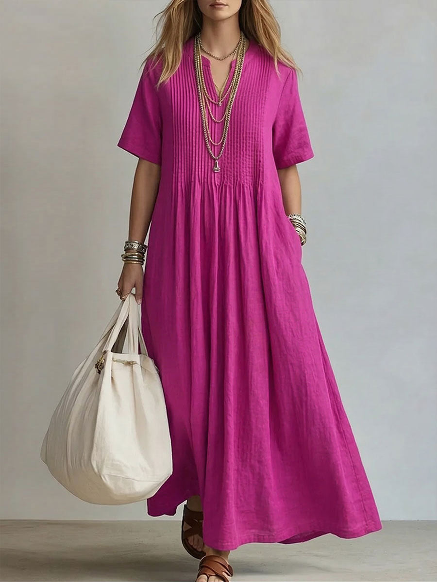 Women's V-neck Short-sleeve Casual Loose Pleated Cotton-linen Dress