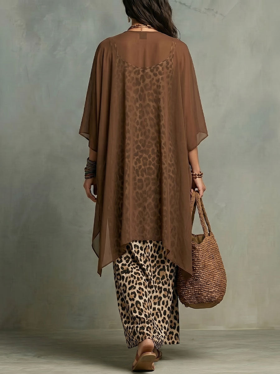 Women's Loose-fit Casual Leopard Print Sleeveless Round-neck Dress With Chiffon 3/4-sleeve Shawl Jacket