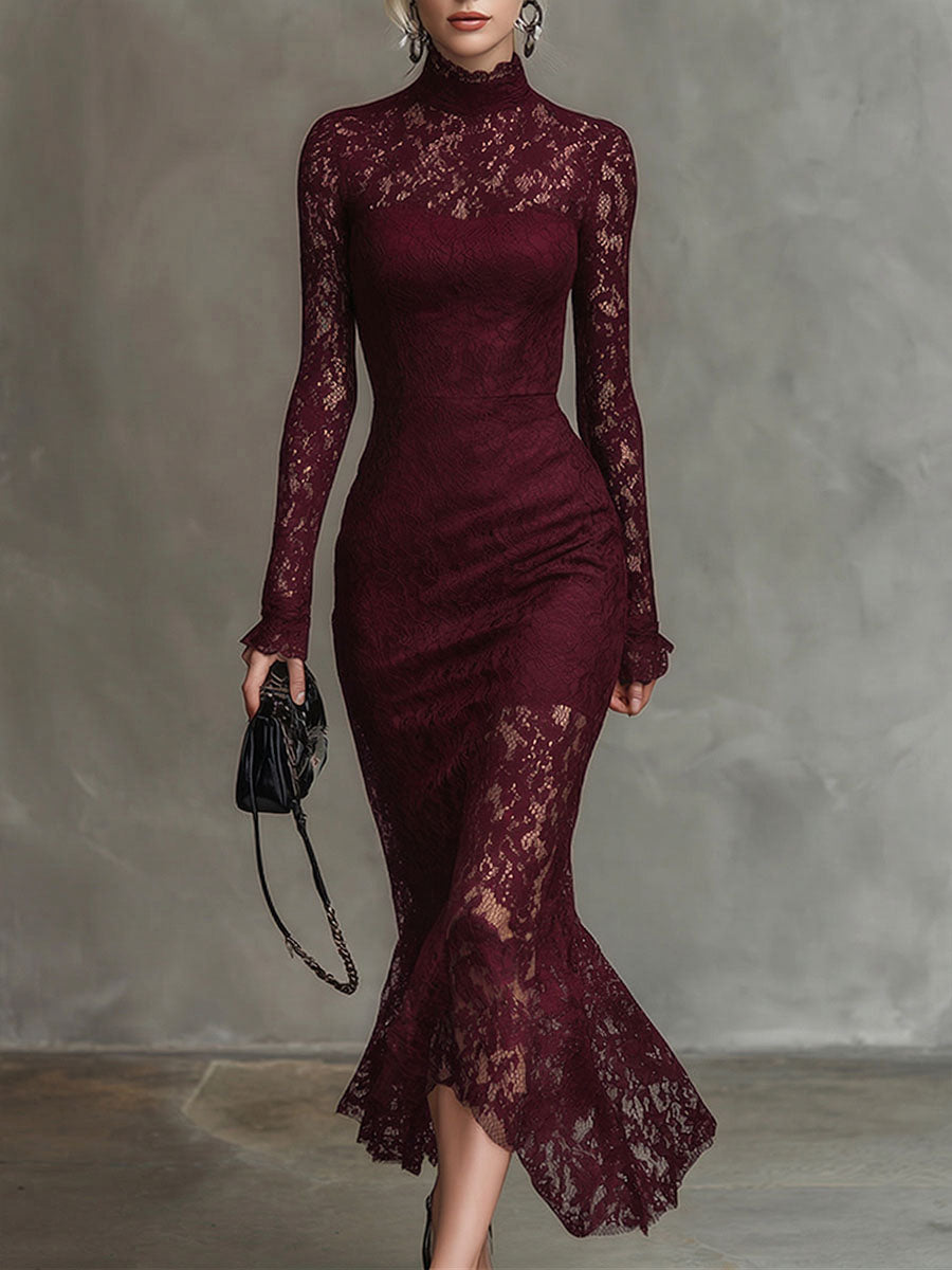Women's Solid-color Stand-collar Long-sleeve Casual Slim-fit Lace Dress