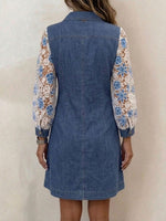 Women's Casual Loose Denim-paneled Dress With Shirt Collar And Long Sleeves