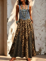 Women's Denim Patchwork Chiffon Leopard Print Suspender Maxi Dress