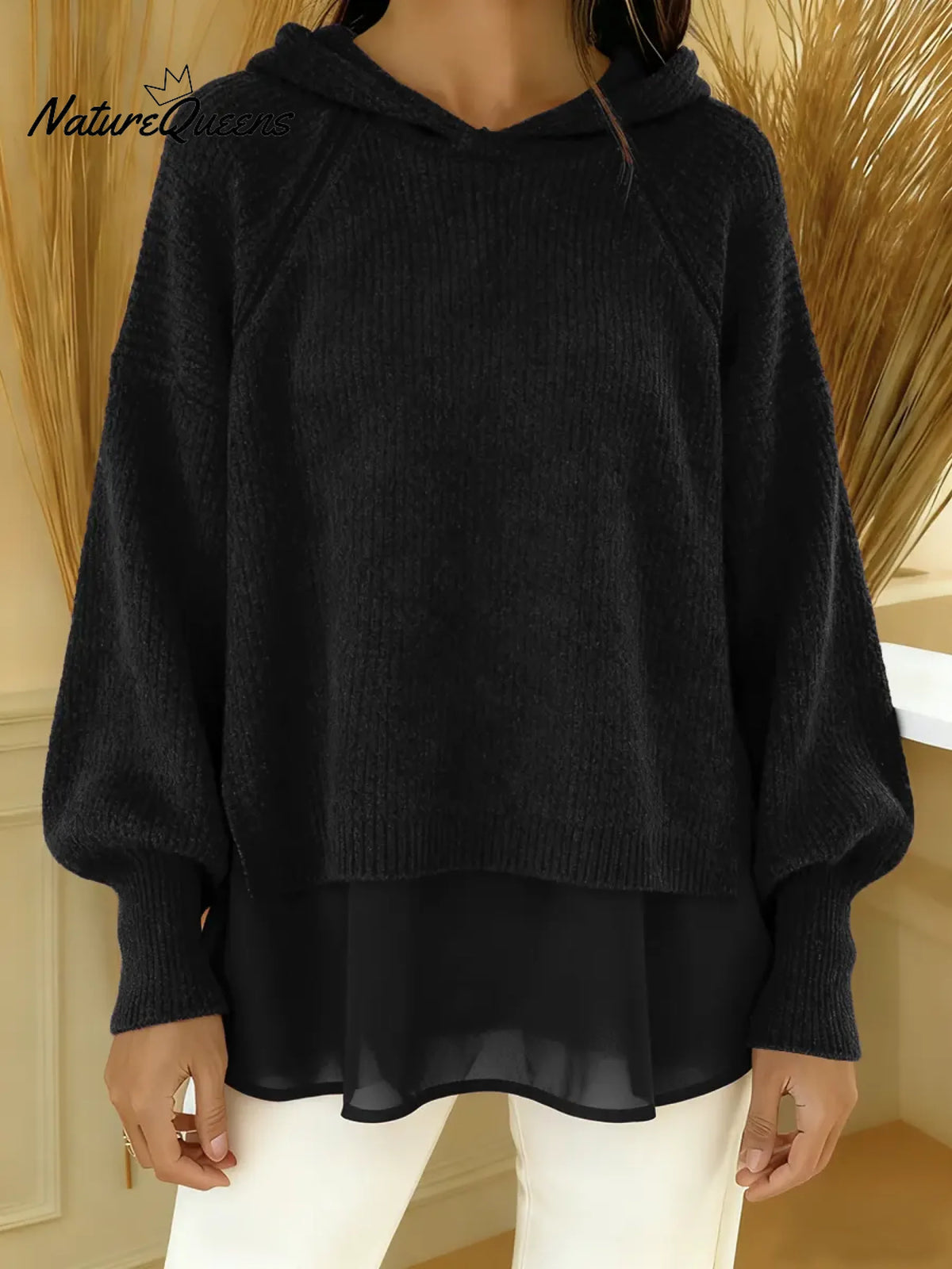 Women's Solid Color Patchwork Long Sleeve Casual Loose Hooded Sweatshirt