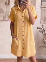 Cozy Lapel Button-front Cotton-linen Dress