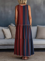 Women's Casual Cotton-linen Two-piece Set: Geometric Print Crew Neck Sleeveless Loose-fit Top & High-waisted A-line Skirt