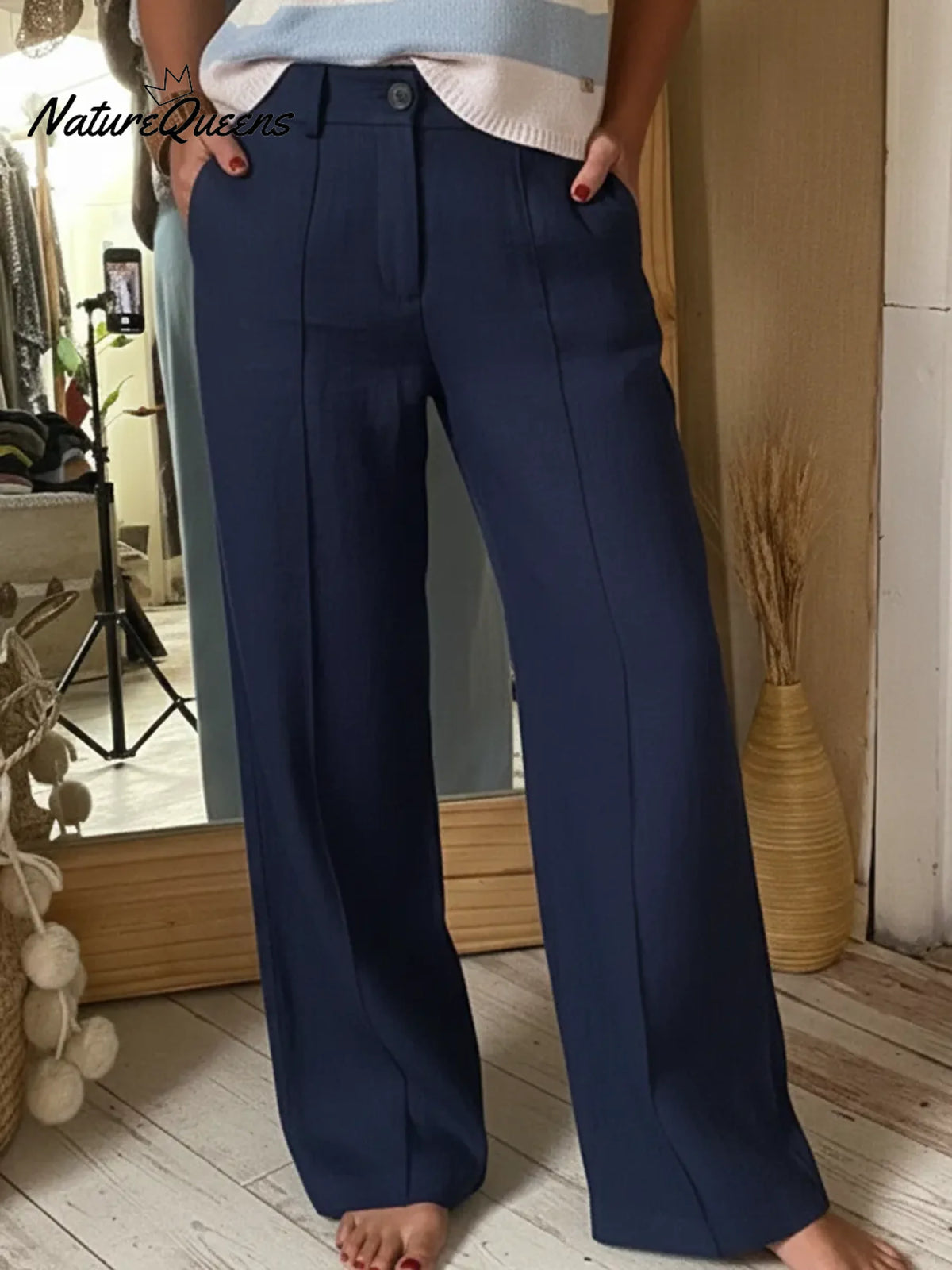 Classic Wooden Button Solid Color Linen Trousers