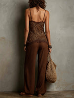 Leopard Print Lace Trim Cami Top & Crinkled Wide Leg Pants Set