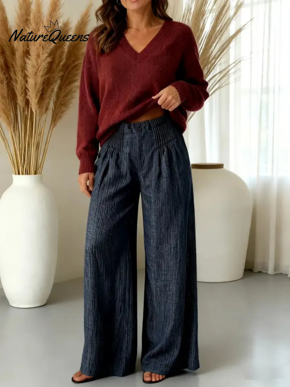 Women's Solid Color High-waisted Pleated Casual Loose Linen Wide-leg Pants