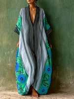 Women's Casual Loose Cotton-linen Dress With Placement Print V-neck And 3/4 Sleeves