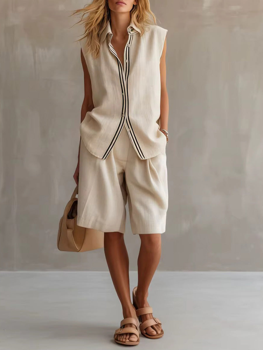 Women's Solid-color Cotton-linen Set: Collared Sleeveless Loose-fit Cardigan & High-waisted Wide-leg Shorts