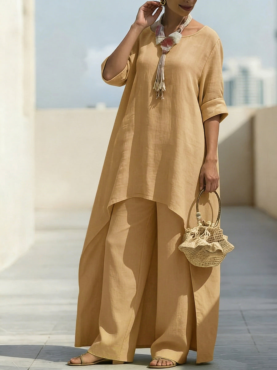 Cozy Travel Asymmetrical Hem Cotton-linen Two-piece Set