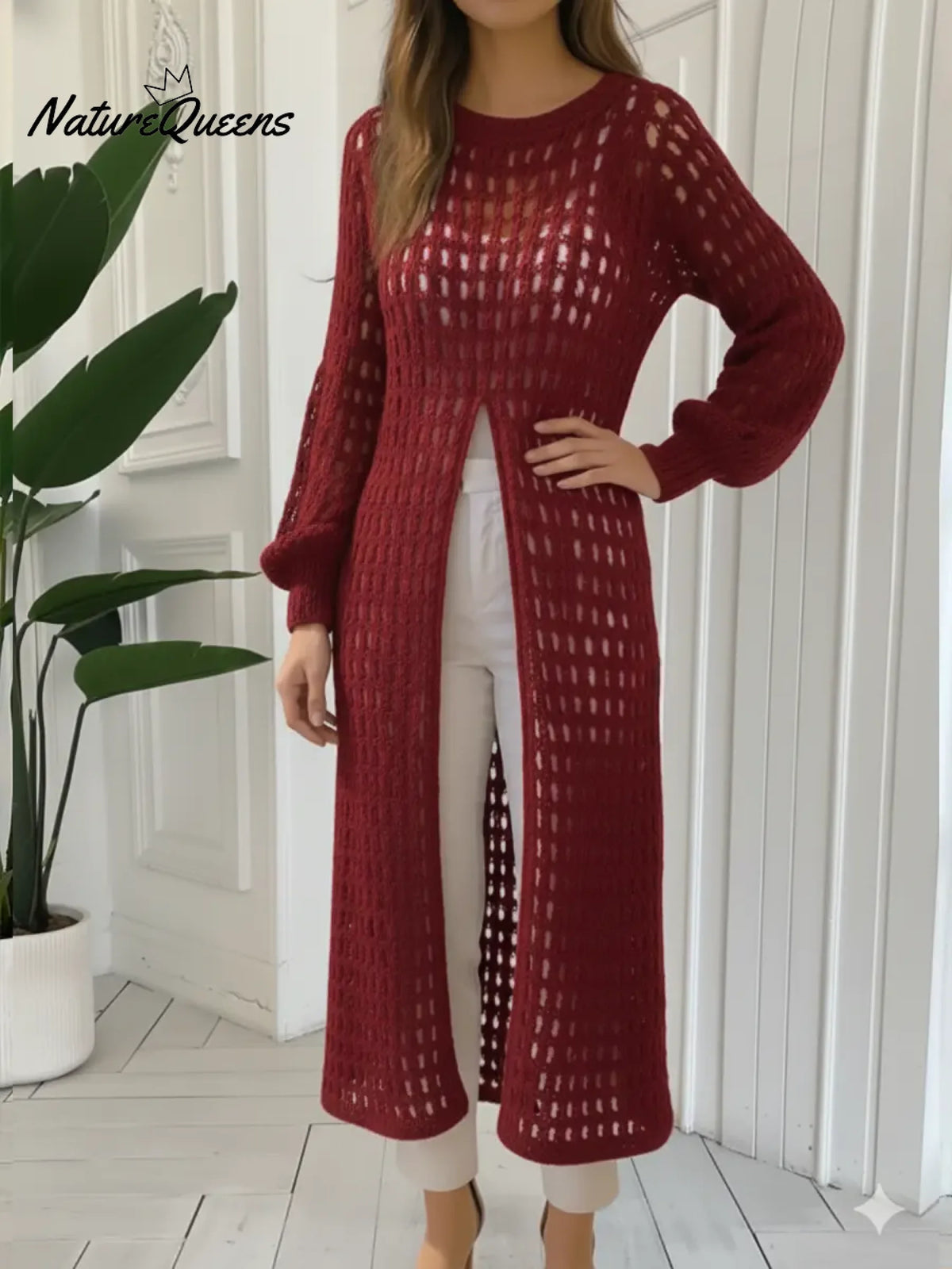 Women's Openwork Crochet Slit Long Top