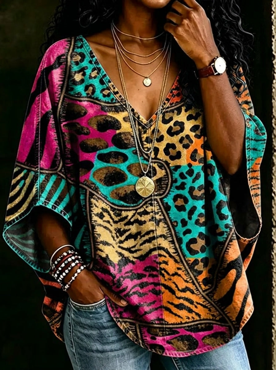 Women's Retro Leopard Print Patchwork Print V-neck Loose Shirt