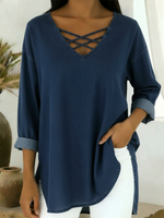 Casual Loose-fitting V-neck Denim Cotton Top