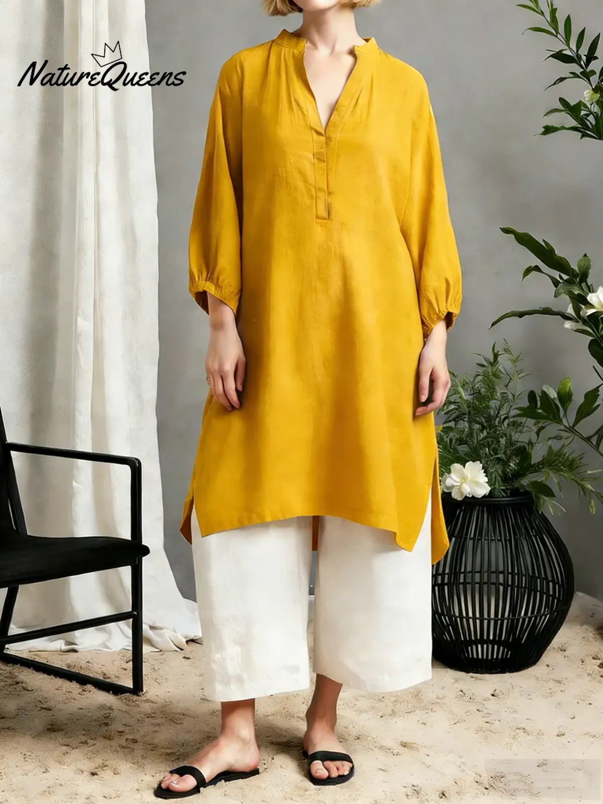 Women's Solid Color V-neck 3/4 Sleeve Casual Loose Fit Cotton Long Shirt