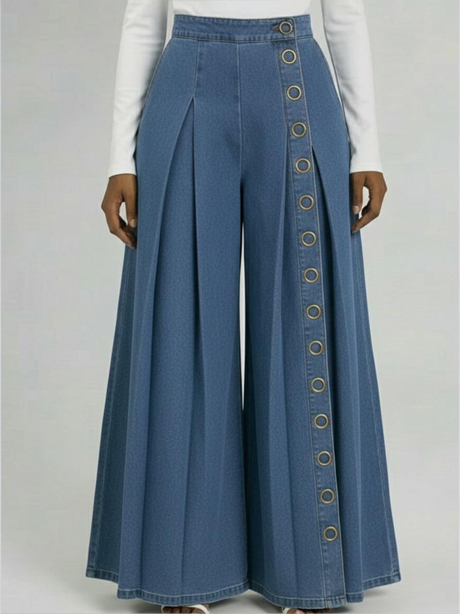 Casual Denim Wide-leg Pants With Metal Ring Embellishments.