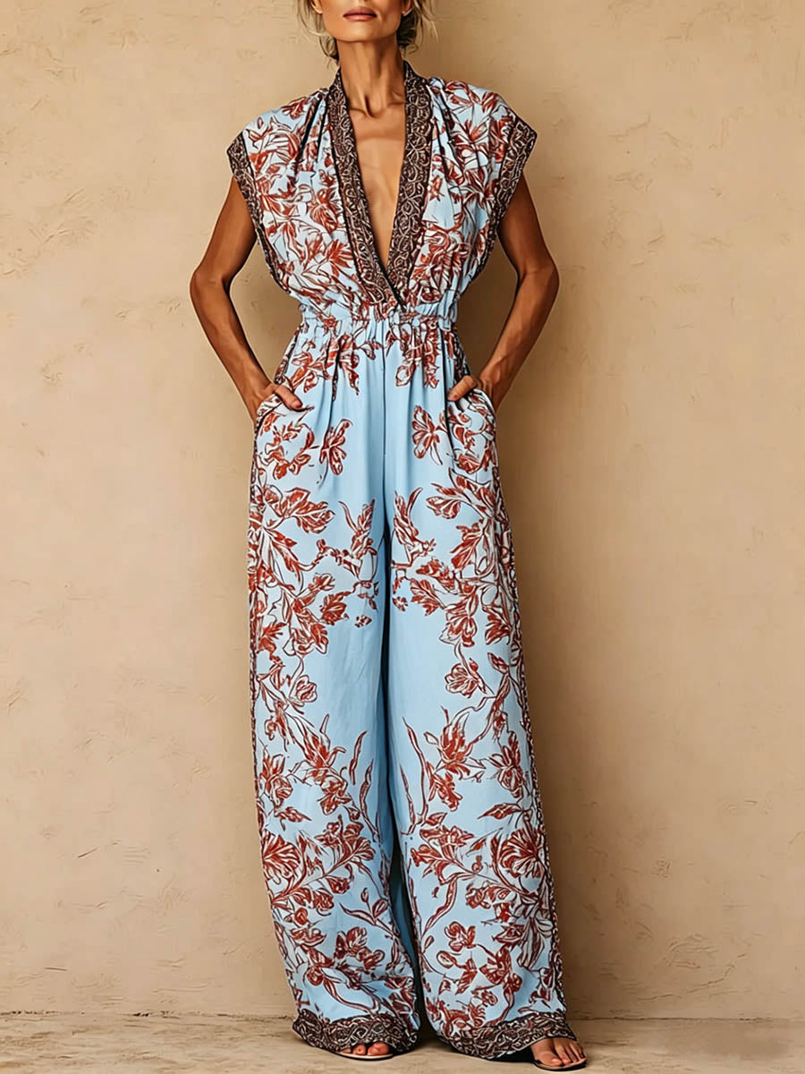 Women's Vintage-print V-neck Short-sleeve Jumpsuit — Casual Loose-fit Wide-leg Cotton-linen Romper