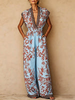 Women's Vintage-print V-neck Short-sleeve Jumpsuit — Casual Loose-fit Wide-leg Cotton-linen Romper