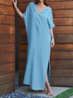 Women's Solid Color V-neck 3/4 Sleeve Casual Loose Cotton And Linen Dress