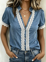 Women's Lace-paneled Stand-collar Short-sleeve Top