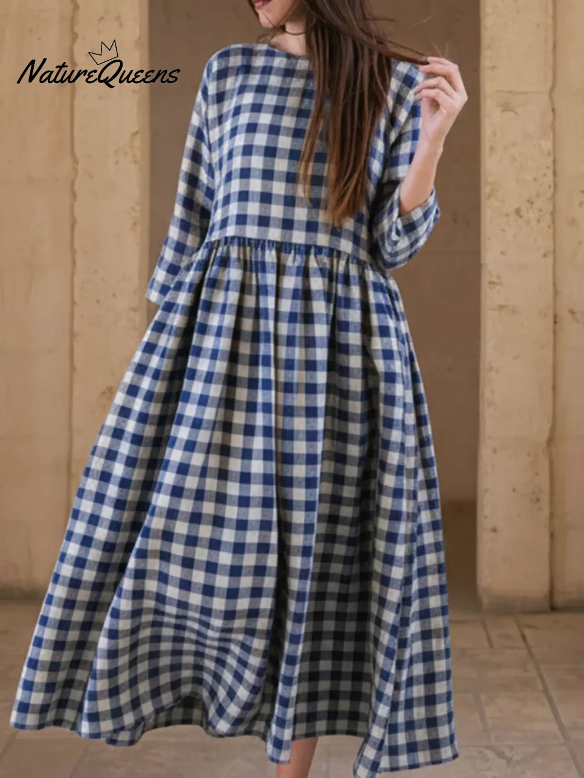Vintage Plaid Print Button-up Loose Midi Dress