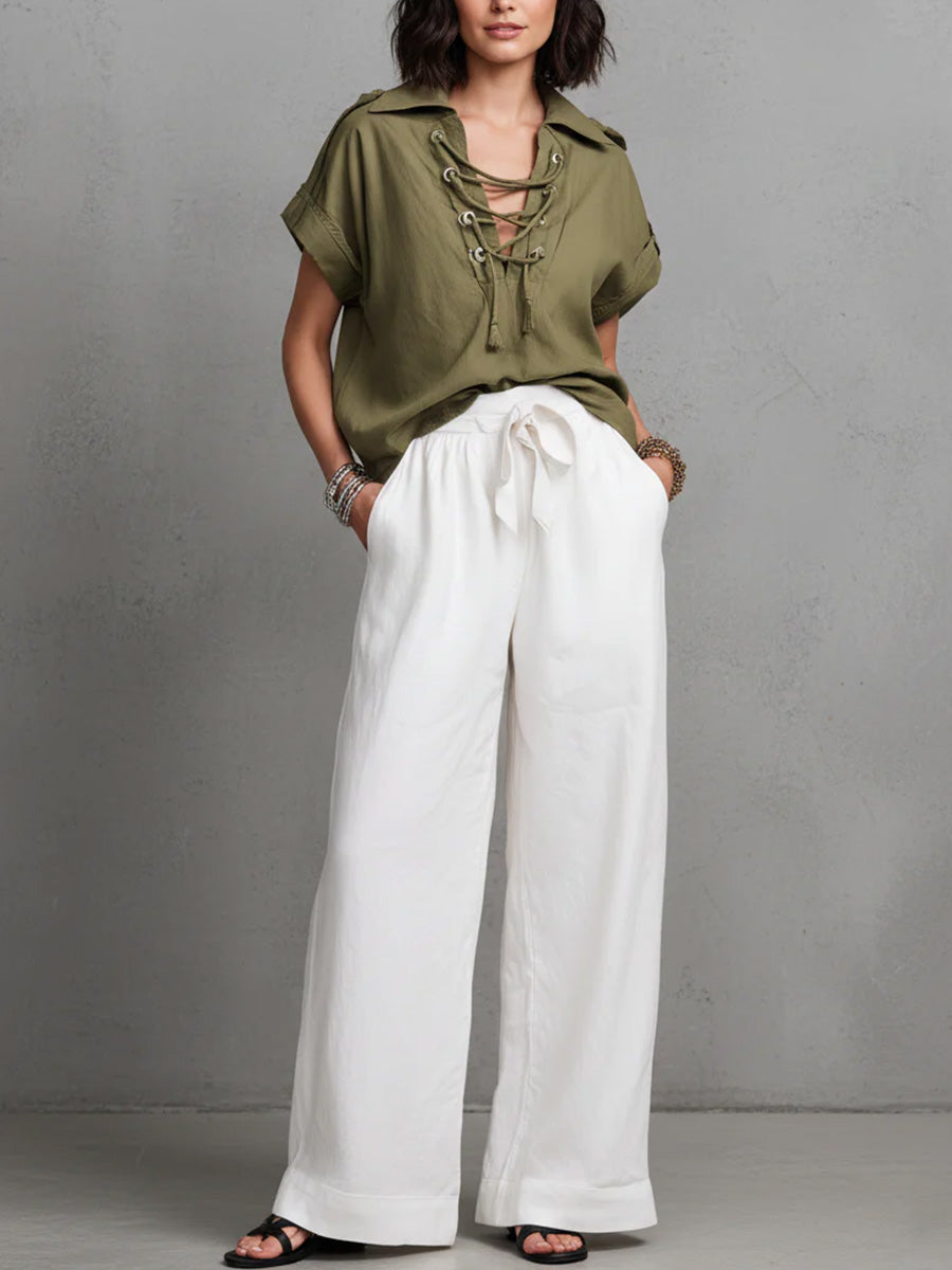 Women's Casual Loose Cotton-linen Set: V-neck Short-sleeve Top & High-waisted Wide-leg Pants