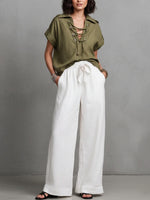 Women's Casual Loose Cotton-linen Set: V-neck Short-sleeve Top & High-waisted Wide-leg Pants