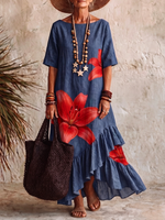 Artistic Lily Print Boat-neck Cotton Dress With Ruffled Hem