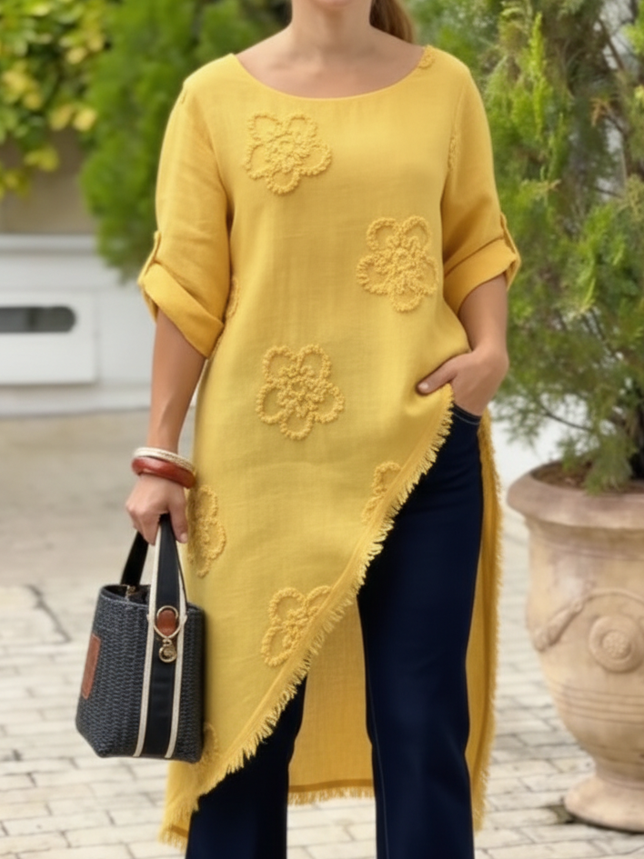 Floral Embroidered Loose-fitting Cotton Shirt Blouse