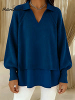 Women's Solid Color V-neck Long Sleeve Casual Loose Knitted Patchwork Top