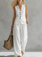 Women's Sleeveless Linen Vest And Pants Set