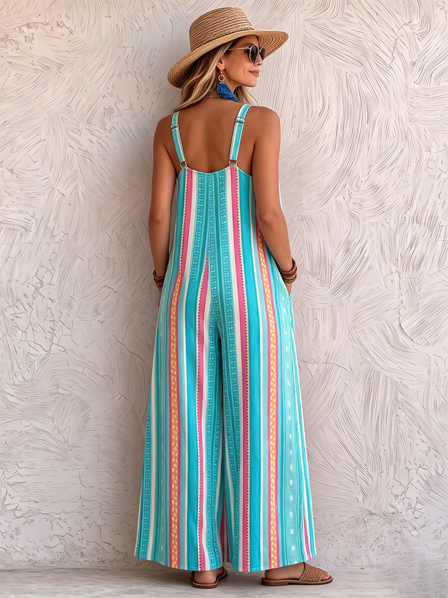 Mono holgado drapeado de rayas estilo boho vintage