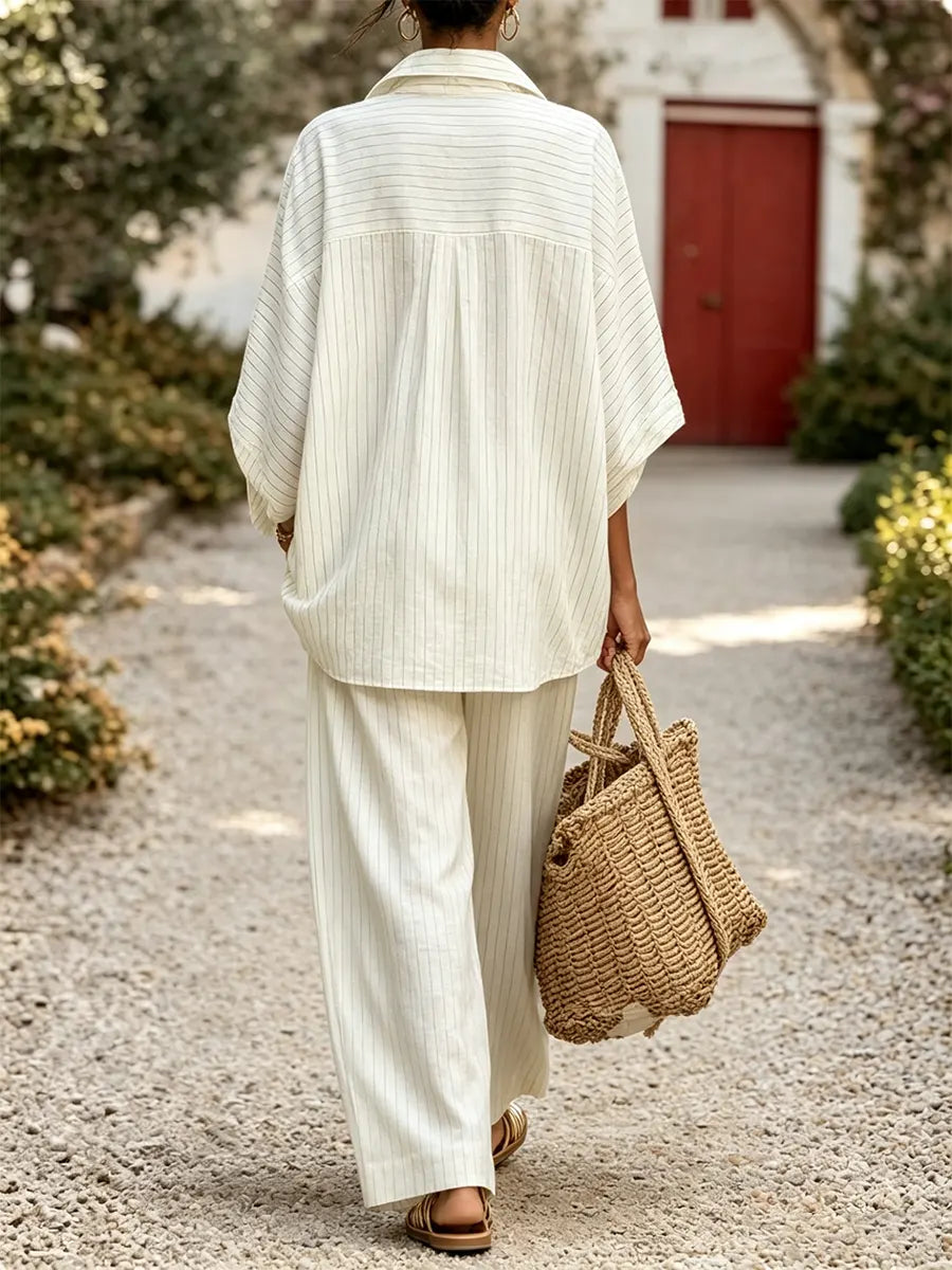 Elegant Classic Striped Shirt And Wide-leg Pants Two-piece Set
