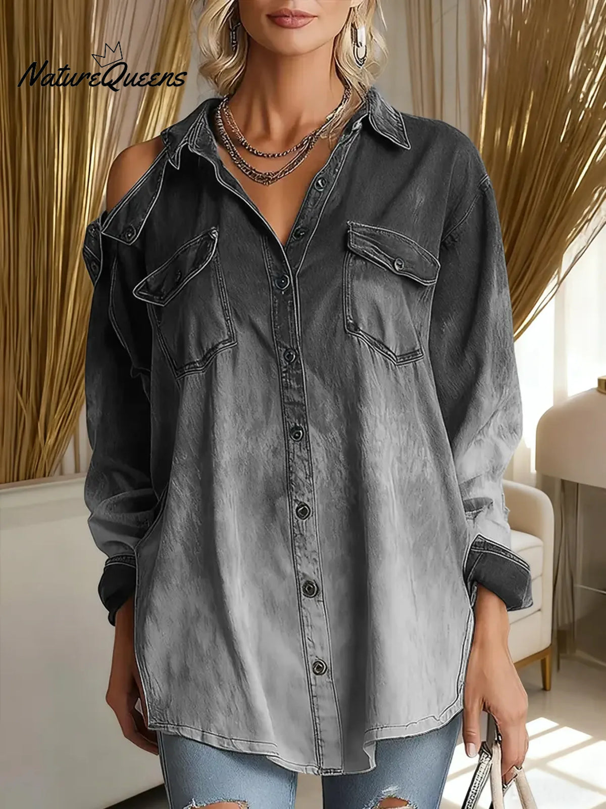 Women's Gradient Collared Long-Sleeved Casual Loose Cotton Shirt