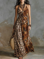 Leopard Print & Abstract Pattern Paneled Chiffon Maxi Dress