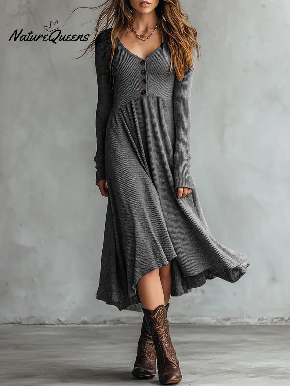 Women's Solid Color V-neck Long-sleeved Loose A-line Knitted Dress