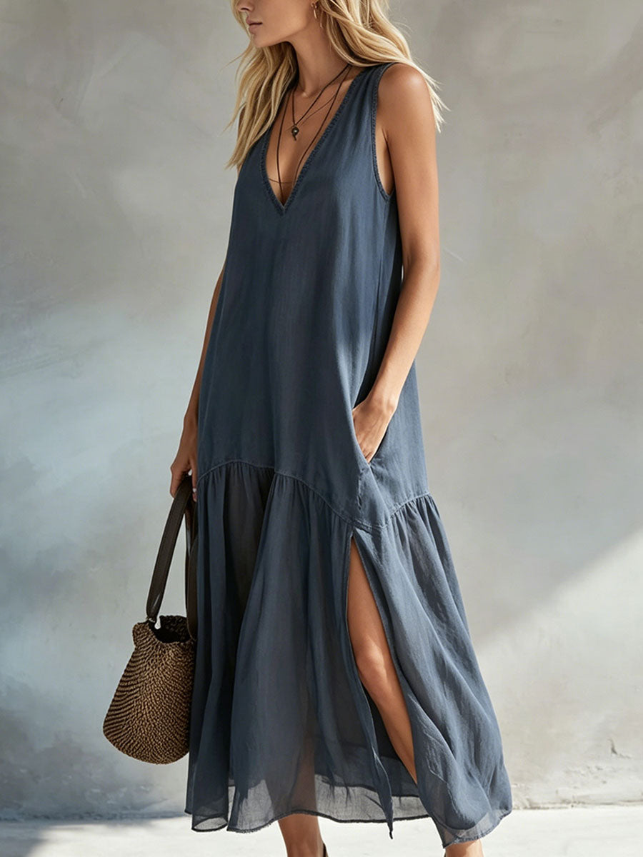 Women's Ash-blue Sleeveless Slit Dress