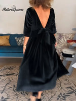 Women's Solid Color Round Neck Three-quarter Sleeve Loose Casual Velvet Dress