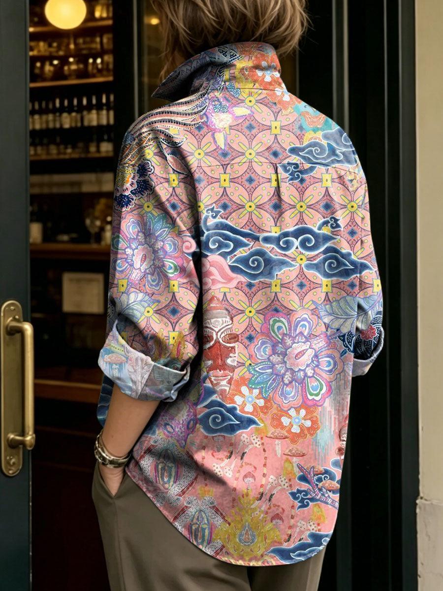Women's Artistic Floral Print Metal-button Shirt