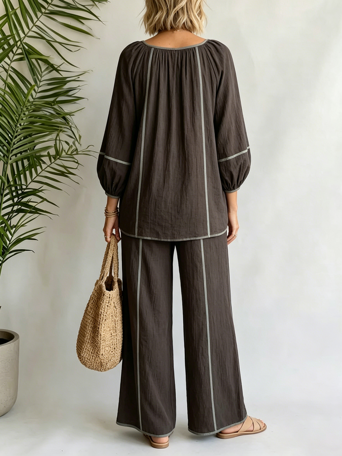 Dark Grey Contrast Piping Square Neck Bubble Sleeve & High Waist Wide Leg Pants Set