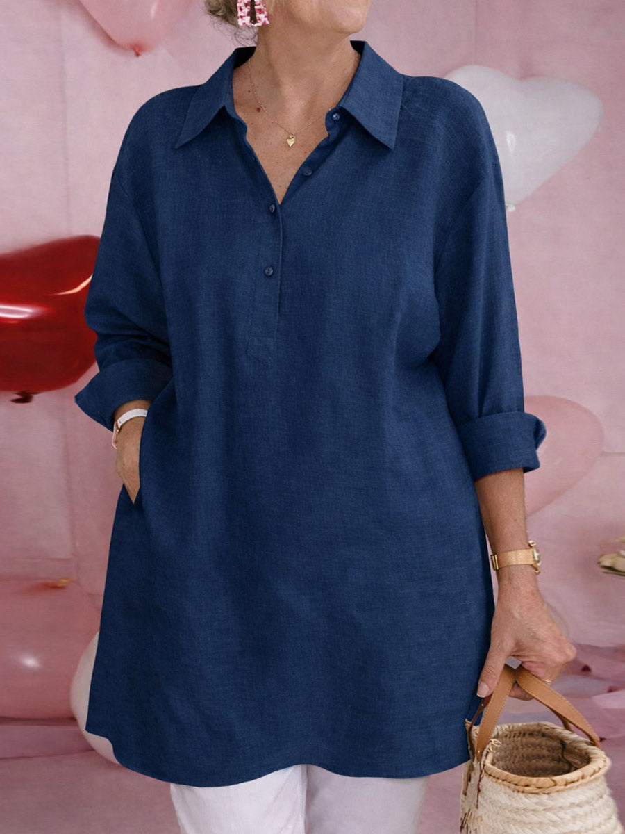 Women's Solid Color Shirt Collar Long-sleeved Casual Loose Cotton And Linen Top