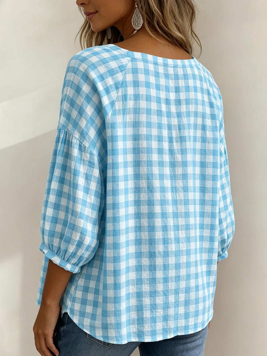Vintage Square-neck Gingham Cotton-linen Shirt