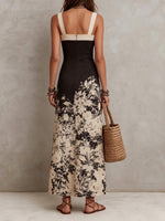 Black & Beige Floral Color Block Sleeveless Maxi Dress