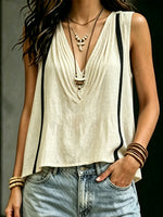 Women's Casual Solid-color Loose V-neck Striped Sleeveless Tank Top