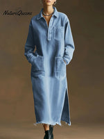 Women's Cardigan Collar Long Sleeve Casual Loose Denim Dress