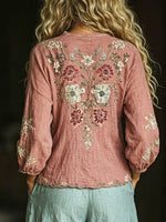 Women's Retro Floral Art Print Casual Cotton Linen Shirt