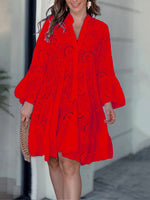 Women's Solid-color V-neck Loose-fit Dress With Embroidery And Cutout Lace