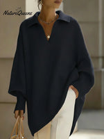 Women's Solid Color V-neck Long-sleeved Casual Loose-fitting Knitted Pullover Sweater